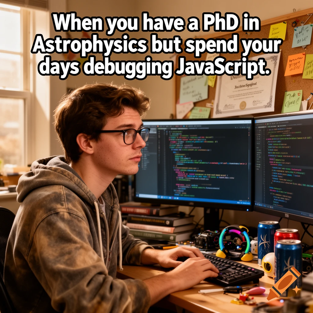 A young man types on a keyboard at a desk with dual code-displaying monitors. Overlay text reads: 'When you have a PhD in Astrophysics but spend your days debugging JavaScript.'