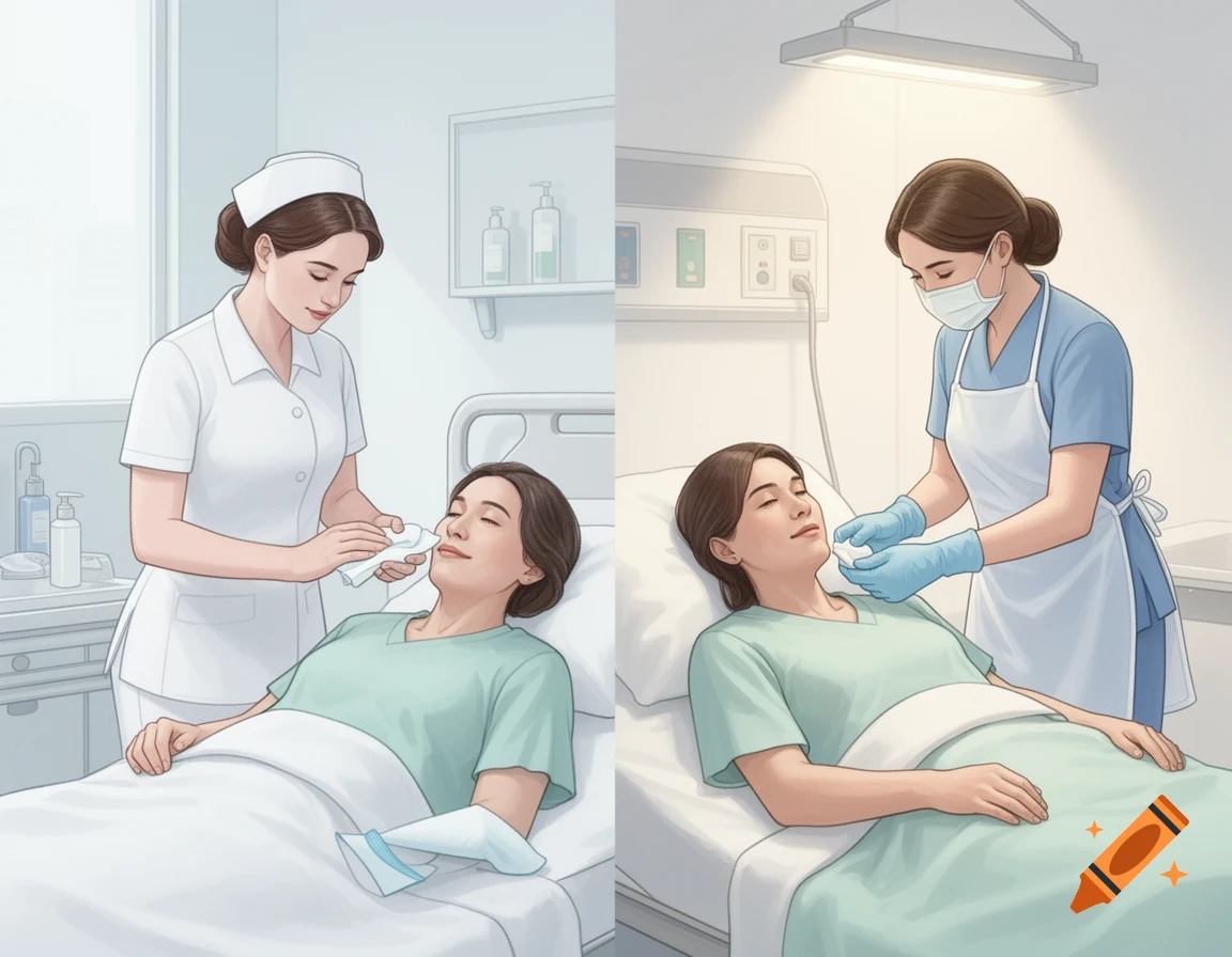 Two illustrated scenes comparing hygiene practices: a nurse caring for a patient without gloves, and another nurse with gloves and a mask.