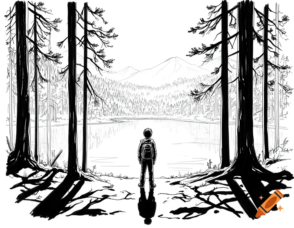 Black and white line drawing of a lone person with a backpack looking over a lake to mountains, framed by tall trees.
