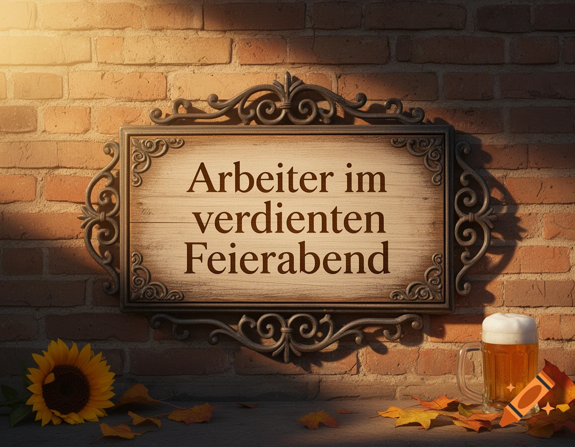 Rustic sign 'Arbeiter im verdienten Feierabend' on brick wall, with sunflower, autumn leaves, and beer mug.