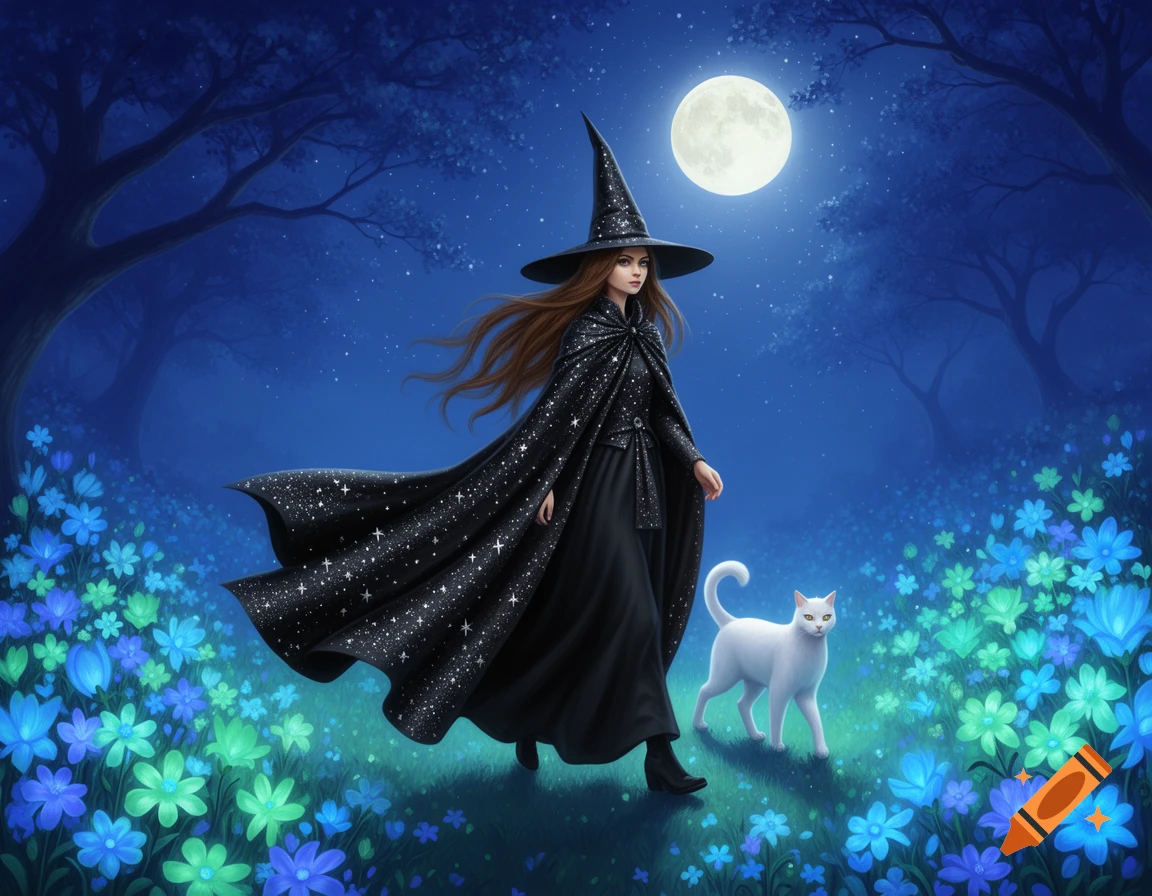 An illustrated witch in a pointed hat and star-studded cloak walks with a white cat through a glowing fantasy garden under a full moon.