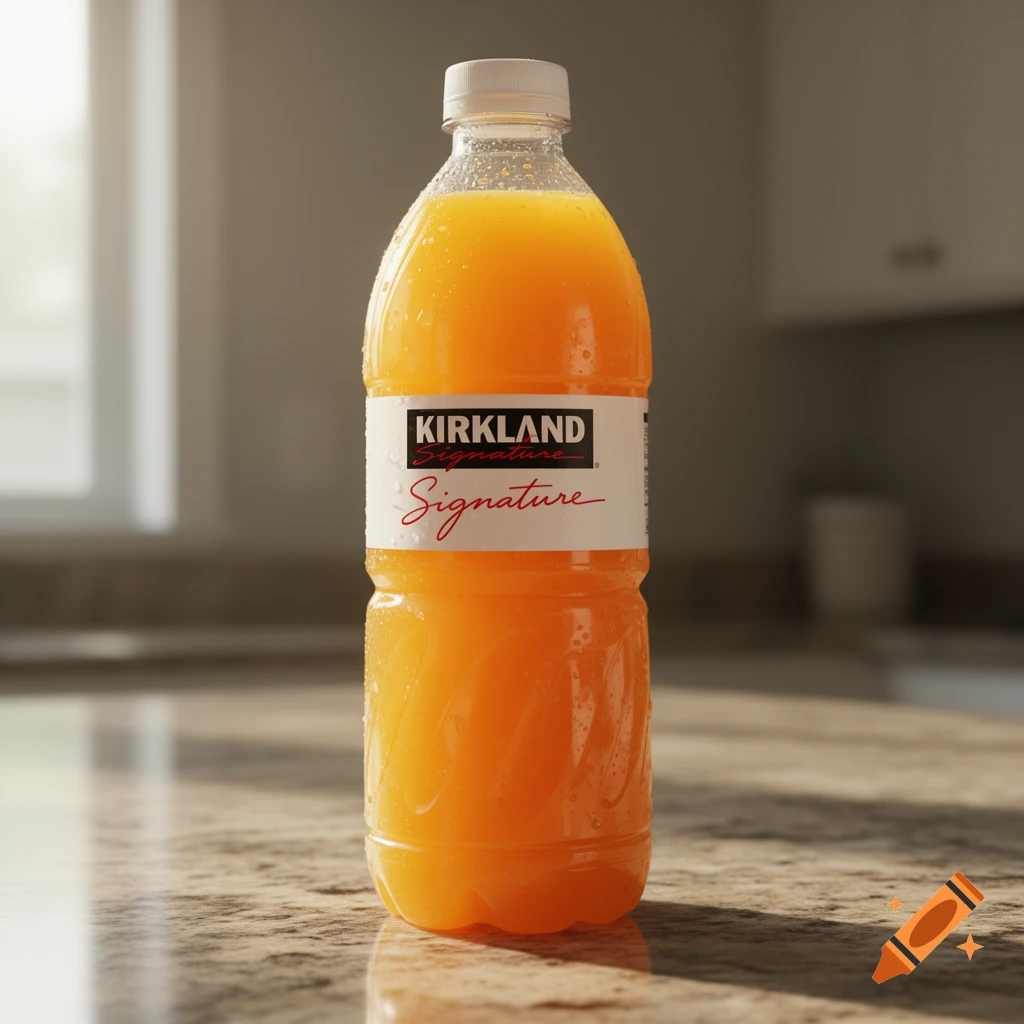 Photorealistic image of a clear plastic bottle of orange juice with a 'Kirkland Signature' label, sitting on a kitchen counter.