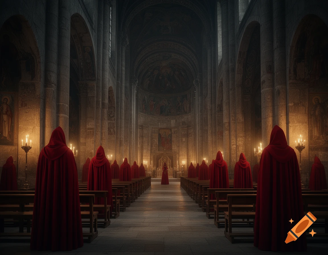 A dimly lit grand stone orthodox cathedral with rows of hooded figures in red cloaks facing an altar.