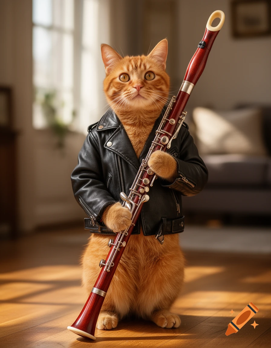 An orange cat in a black motorcycle jacket stands upright, holding a cherry wood bassoon in a bright room.