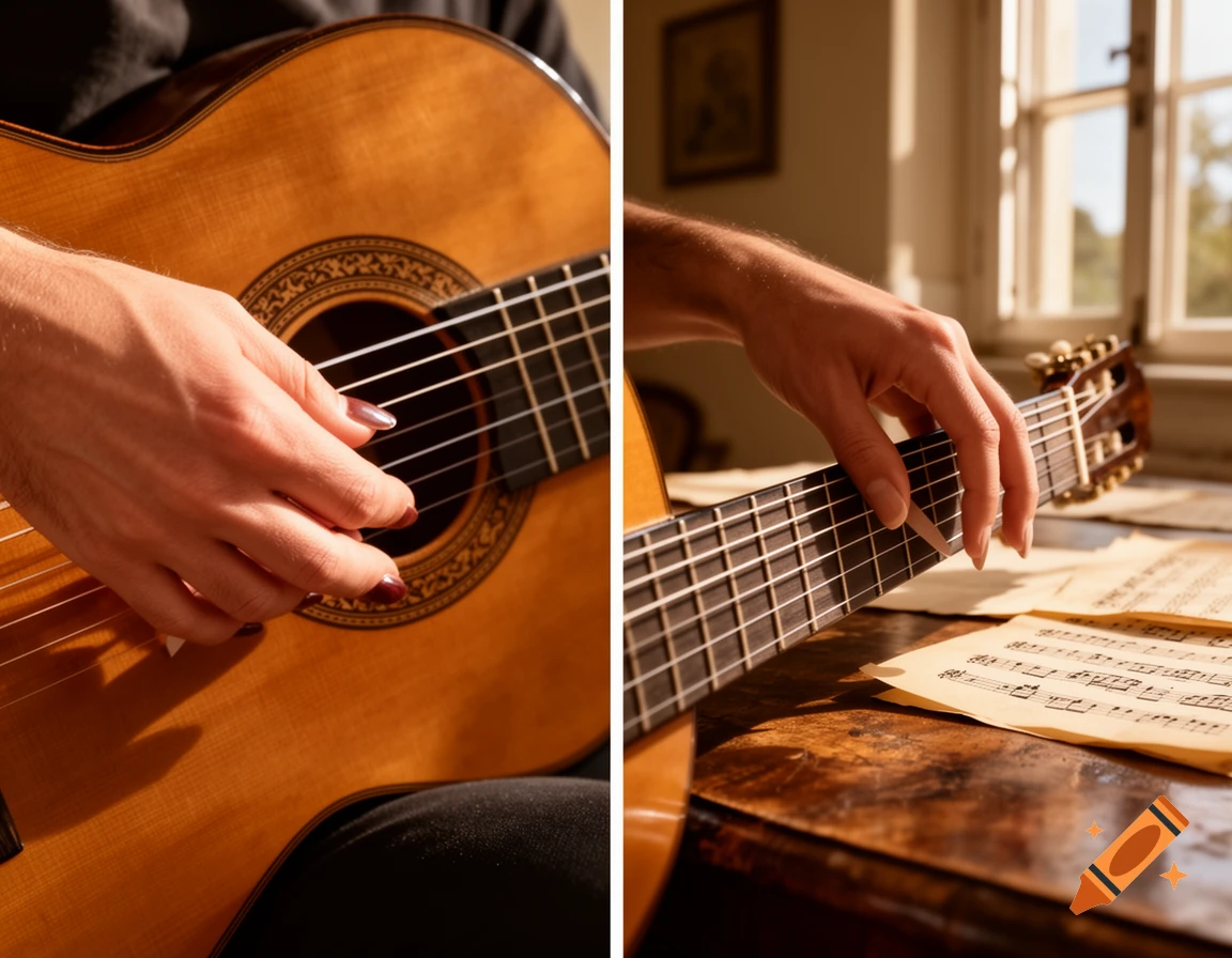 A split image showing hands playing a classical guitar with two different techniques: one strumming across all strings (Rasqueado) and another plucking a single string (Puntado), with sheet music on a table.
