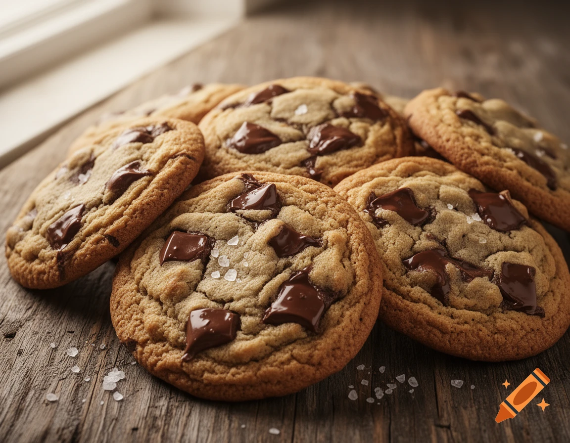 Photorealistic close-up of warm chocolate chip cookies with melted chunks and sea salt on a rustic wooden table.