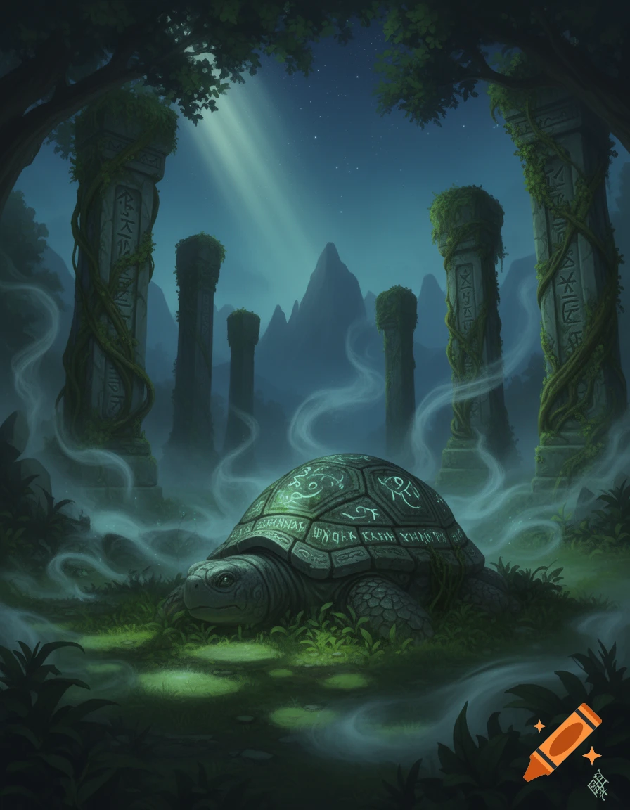 A giant turtle with glowing runes on its shell rests in a misty, moonlit forest amidst ancient, moss-covered stone pillars.