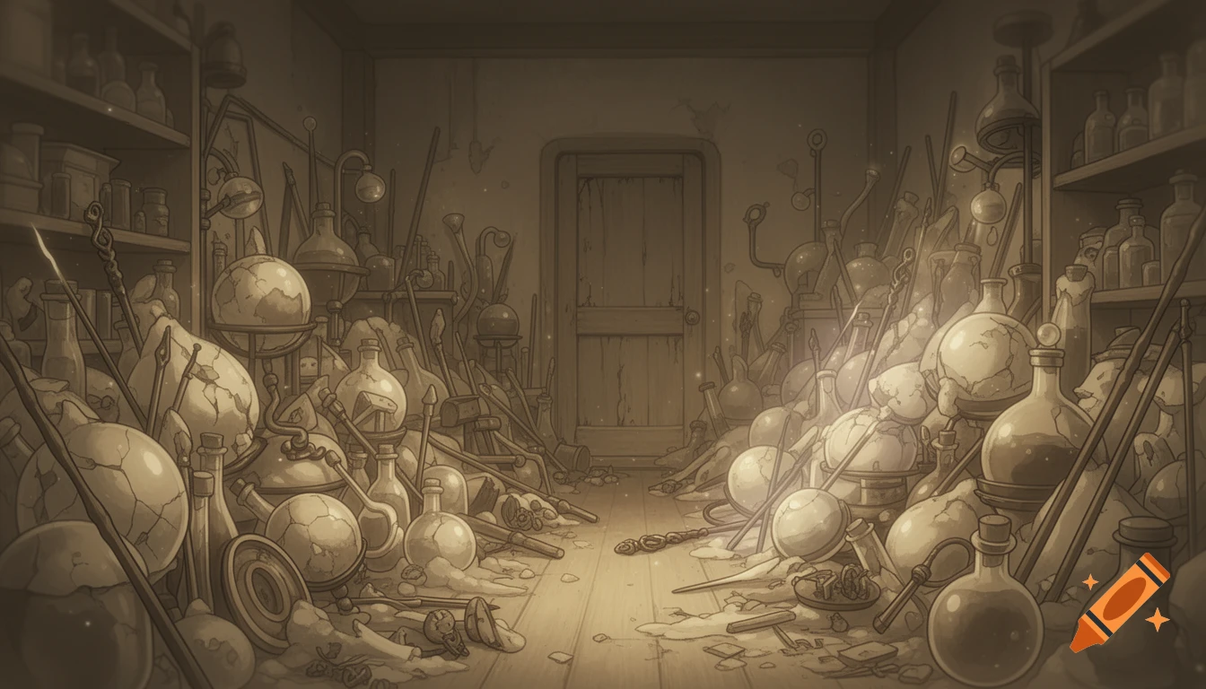 A sepia-toned anime-style illustration of a cluttered alchemist's storeroom filled with wands, cracked globes, vials, and other magical apparatus, with a wooden door in the background.