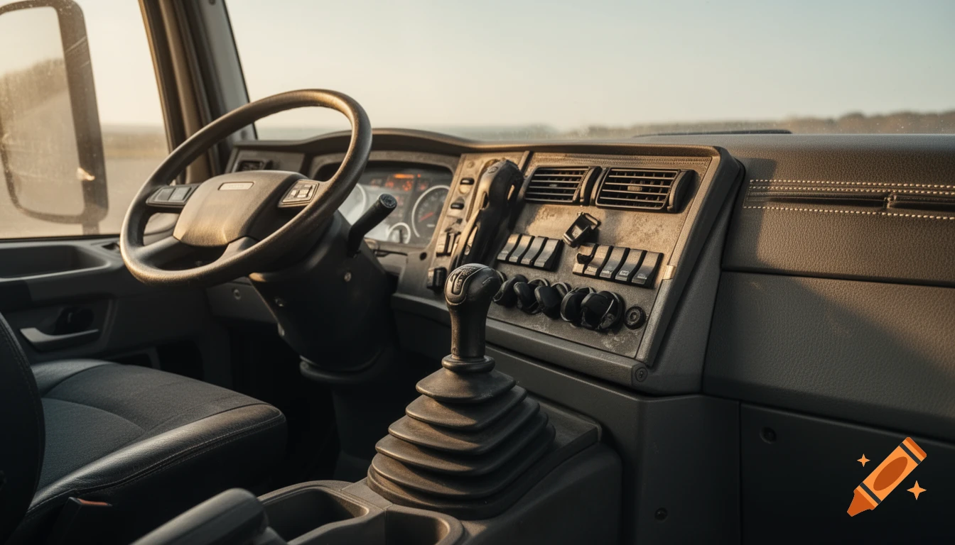 Photorealistic interior of a heavy truck cockpit from the driver's perspective, featuring a steering wheel, gear shifter, and dashboard in natural daylight.