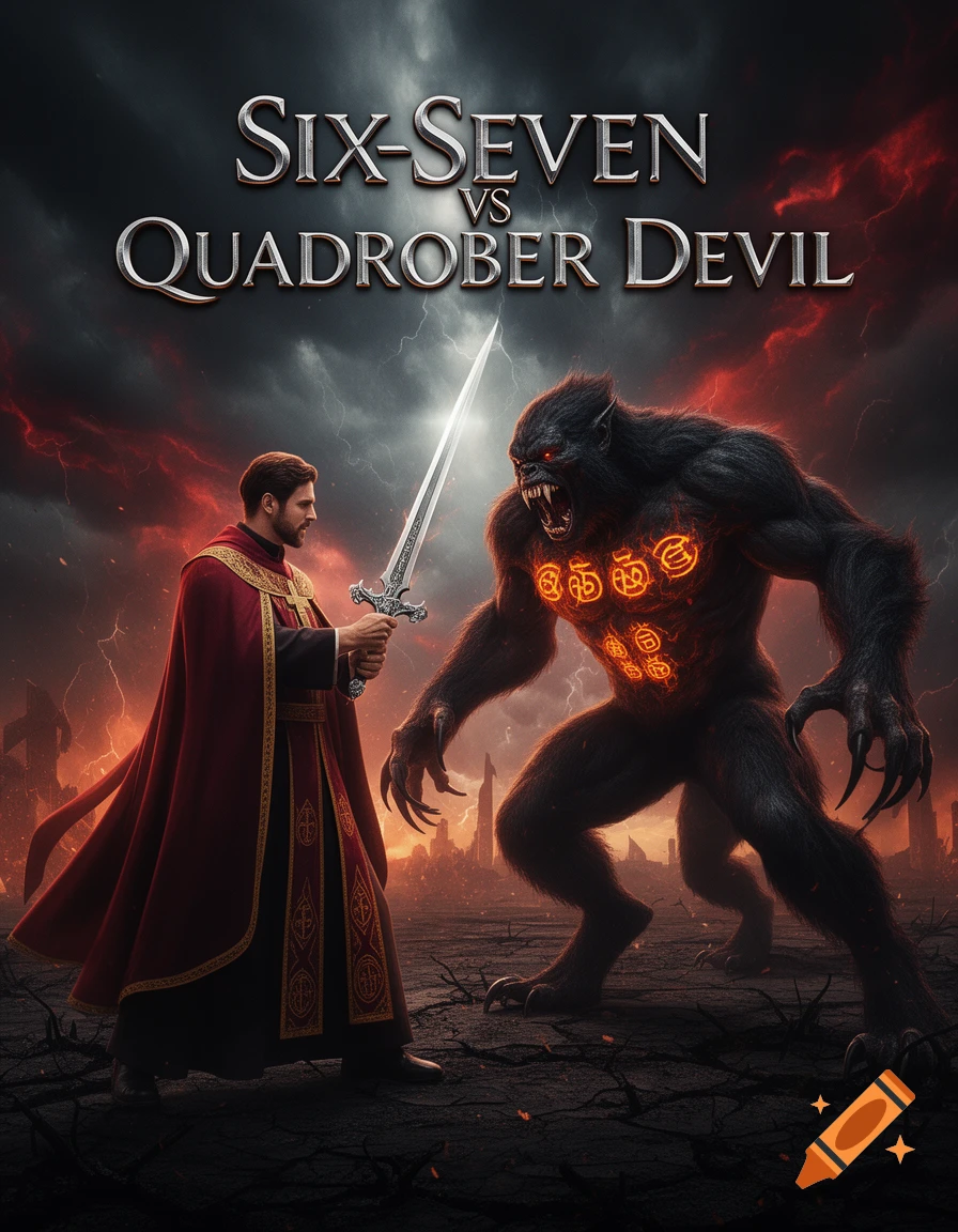 Movie poster: A priest with a sword battles a black devil with glowing symbols, in a ruined city. Text: SIX-SEVEN vs QUADROBER DEVIL.