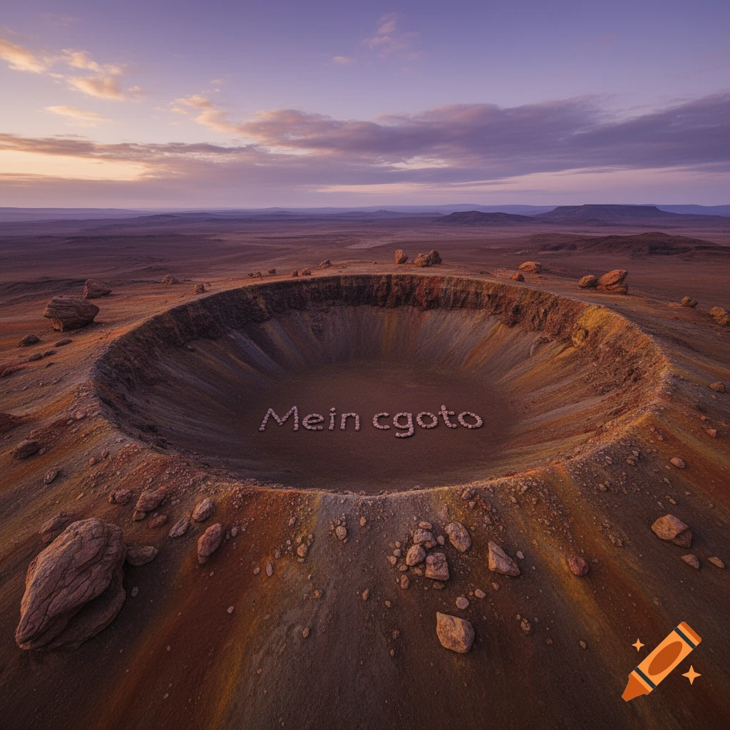 Photorealistic image of a large crater in a barren desert landscape with the words 'Mein cgoto' spelled out in rocks at the bottom, under a purple and orange sky.
