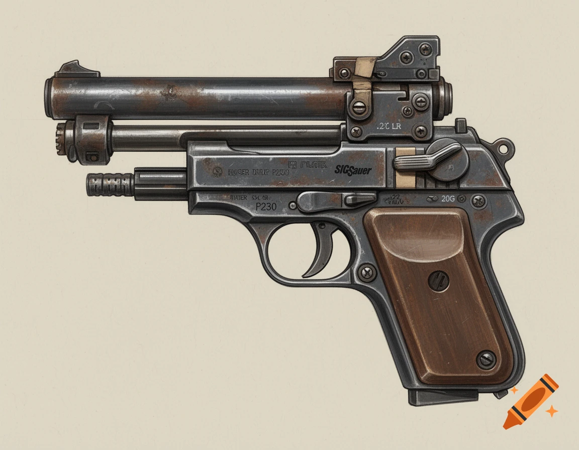 Detailed concept art of a retro-futuristic combination gun, merging a pistol and shotgun, with a rusted, worn metallic finish on a plain background.