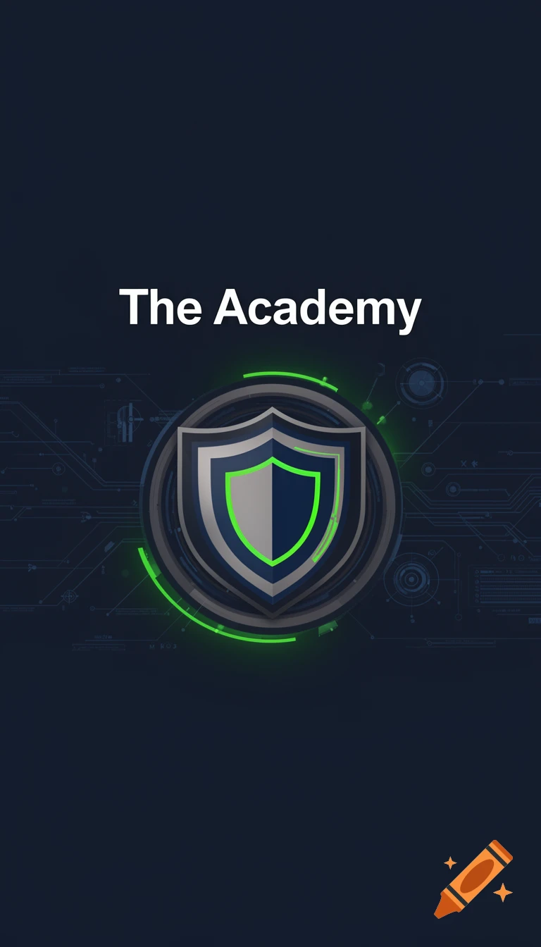A dark blue app screen with white text 'The Academy' above a gray and dark blue shield logo with a bright green outline, against a circuit board pattern.
