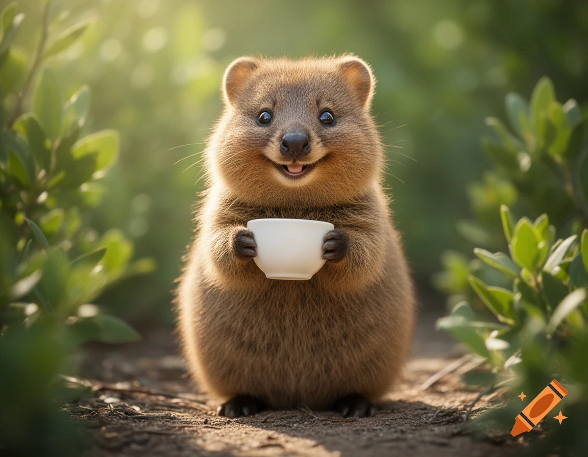 A smiling quokka holding a small white coffee cup in a lush, green outdoor setting, basking in warm light.