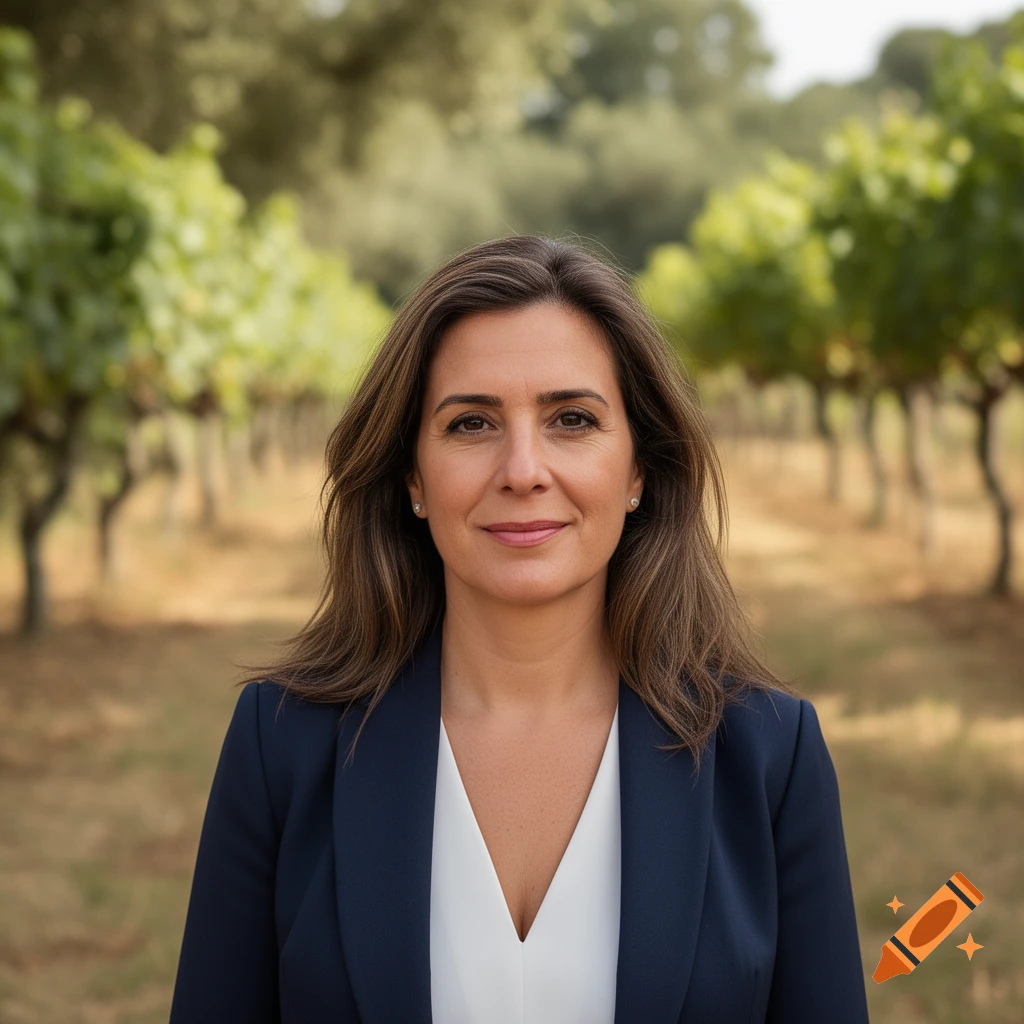 A confident woman with long brown hair smiles at the camera in a vineyard.