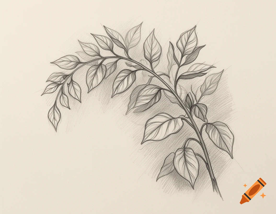 A detailed black and white pencil sketch of a plant branch with numerous leaves, casting soft shadows.