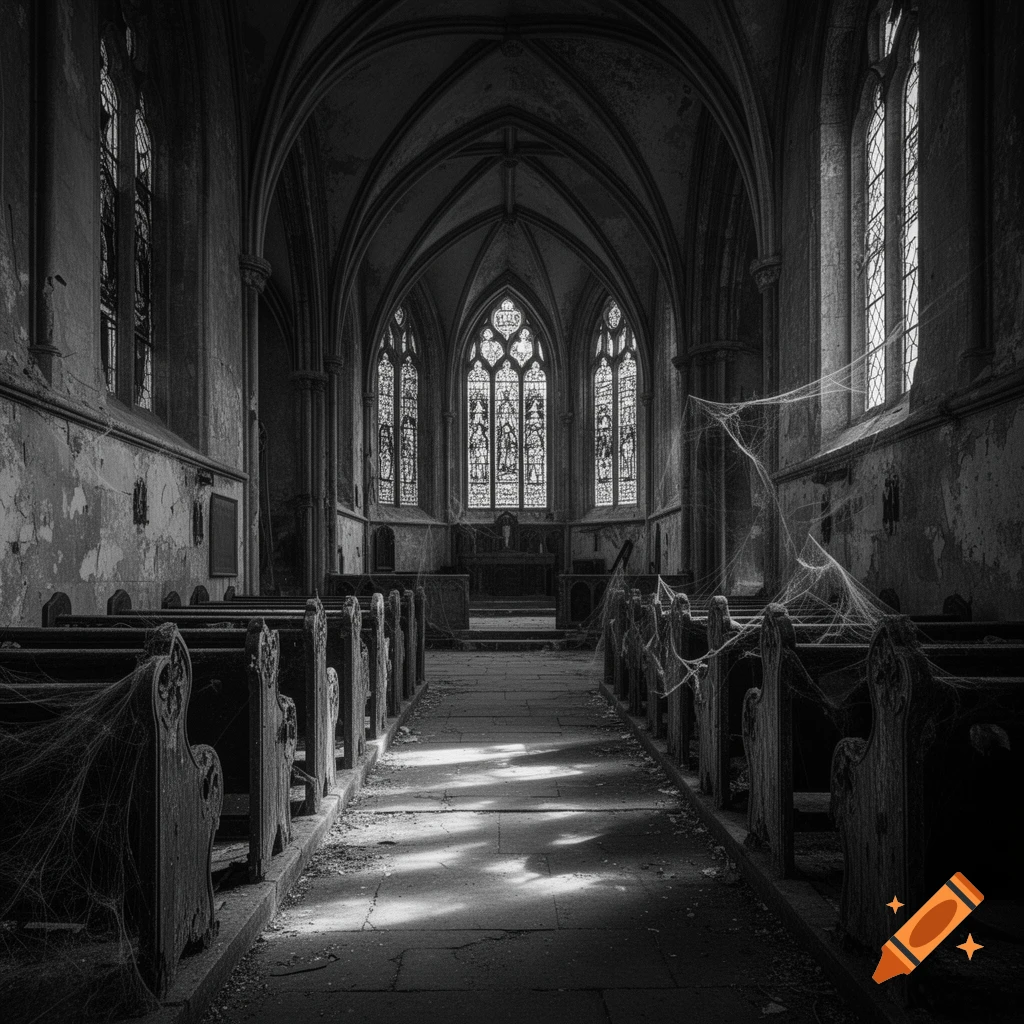 Monochrome photo of a dark, abandoned church interior with rows of pews covered in cobwebs, and light streaming through tall gothic stained-glass windows.