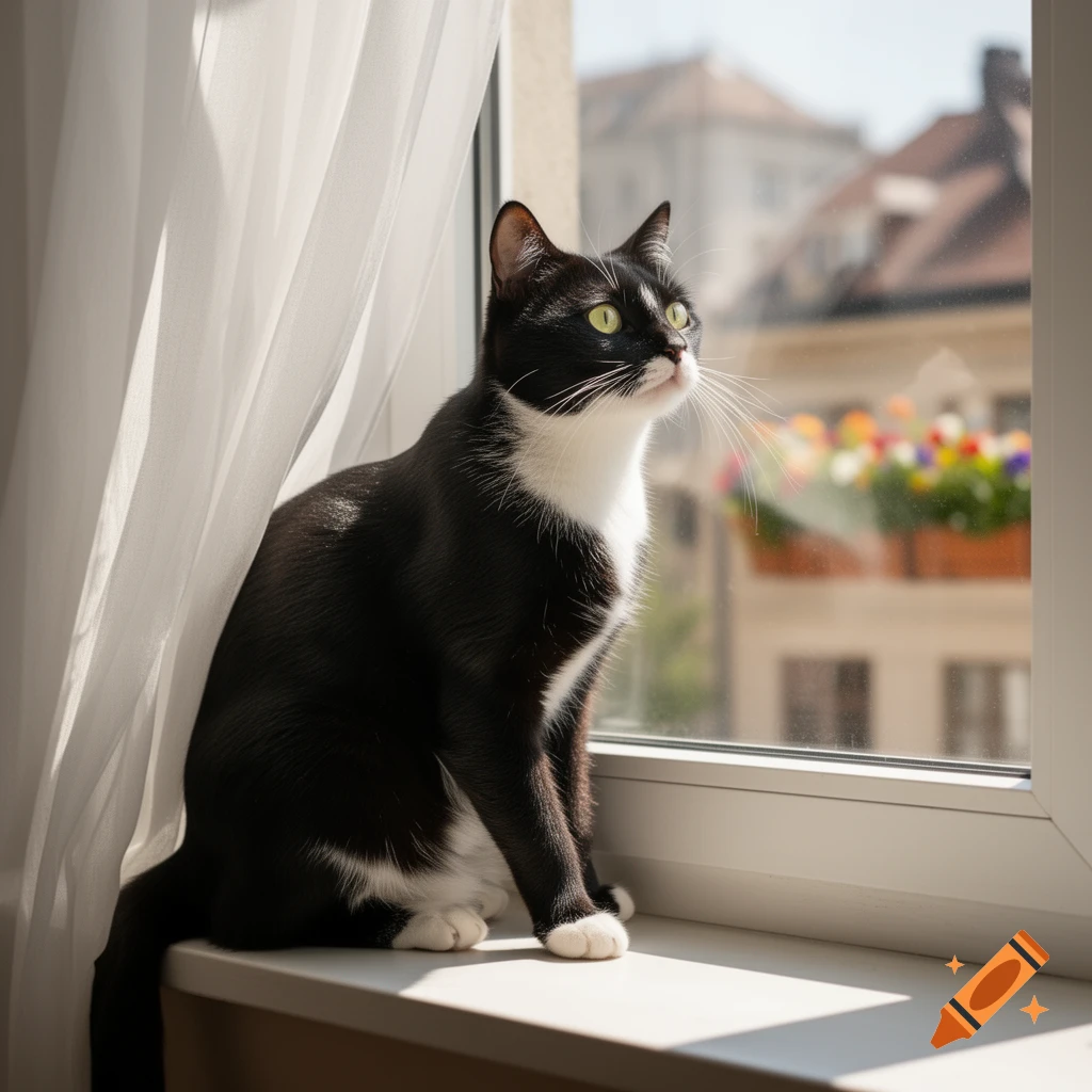 A black and white tuxedo cat with green eyes sits on a sunlit windowsill, gazing at a cityscape with colorful flowers outside.