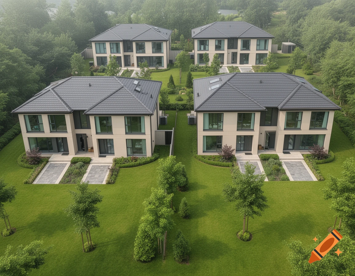 Aerial view of four modern beige and grey houses with dark roofs, surrounded by green lawns and trees.