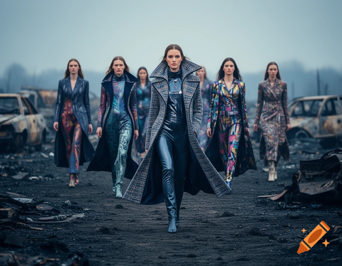 A group of female models in long coats and patterned jumpsuits walks through a desolate, battle-scarred landscape with wrecked cars.