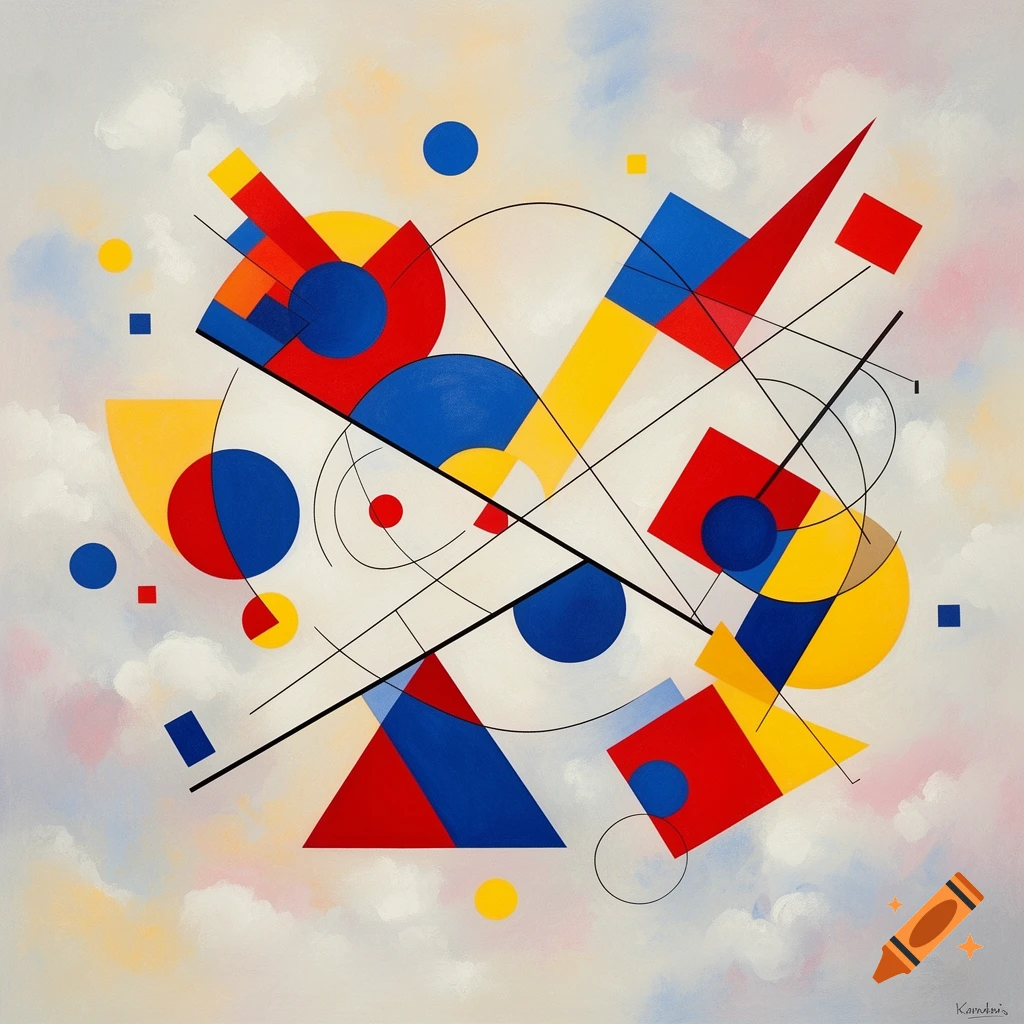 Abstract geometric artwork in Kandinsky's style, featuring red, blue, and yellow shapes, circles, and lines on a cloudy background.