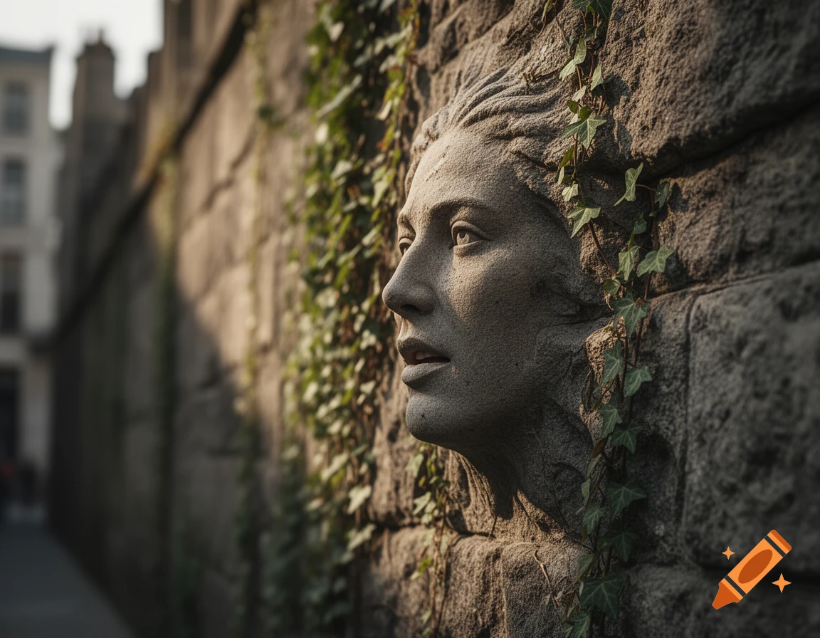 A photorealistic stone carving of a woman's face integrated into an old ivy-covered stone wall, with an urban background.