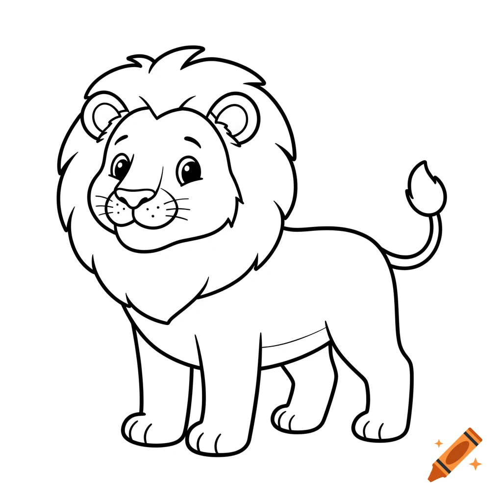 A simple line art cartoon lion standing, with a friendly expression, for a coloring book.