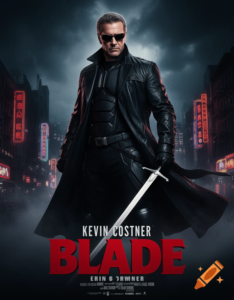 A dark movie poster showing Kevin Costner as Blade, wearing a long black coat and sunglasses, holding a silver sword, against a rainy city background with neon lights.