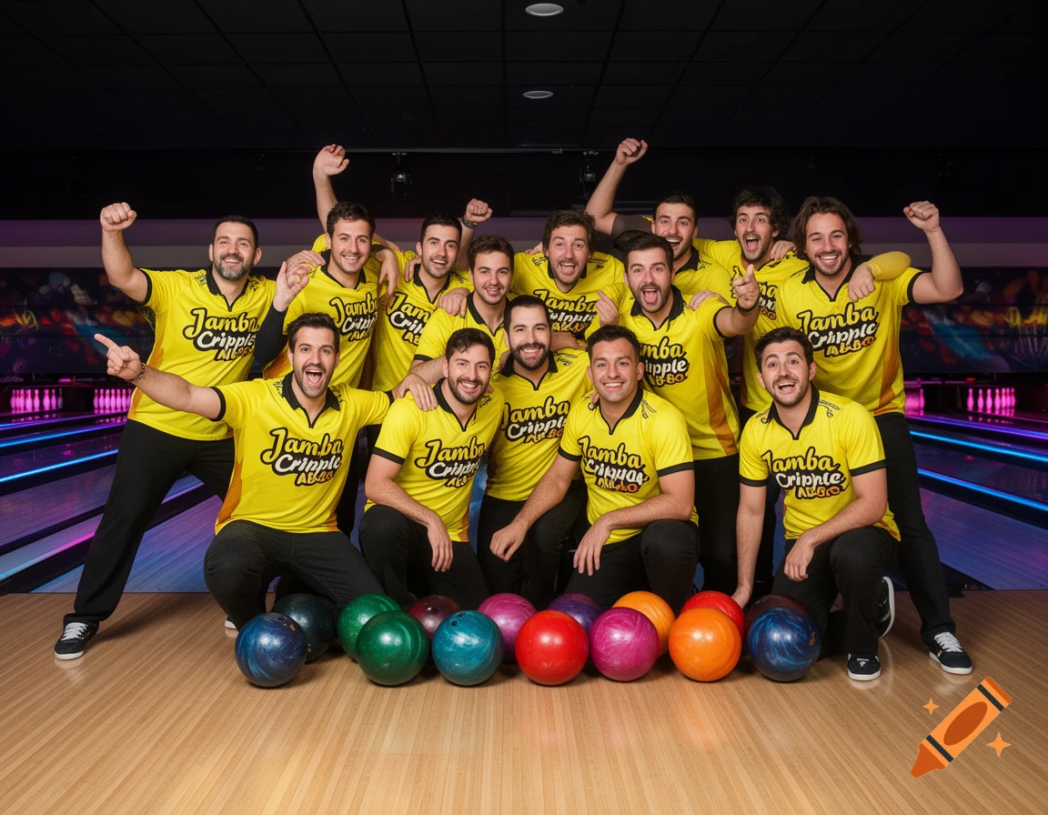 A group of excited men in yellow shirts pose with bowling balls in a bowling alley.