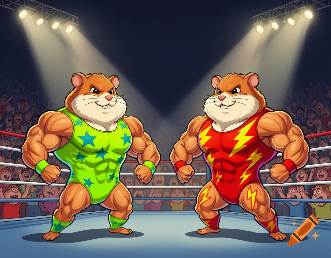Two muscular cartoon hamsters wearing wrestling leotards pose in a wrestling ring under bright spotlights, surrounded by a crowd.