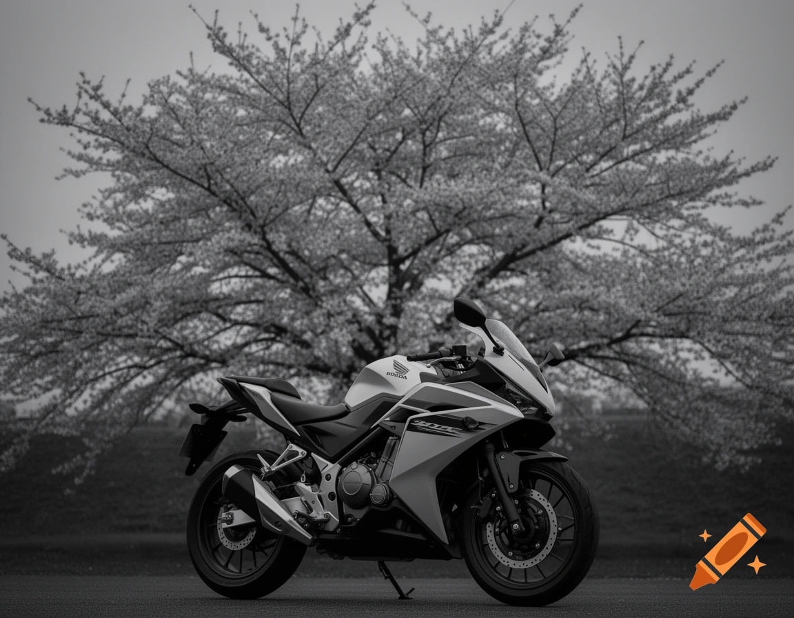 A monochrome photo of a Honda CBR500R motorcycle parked in front of a cherry blossom tree.