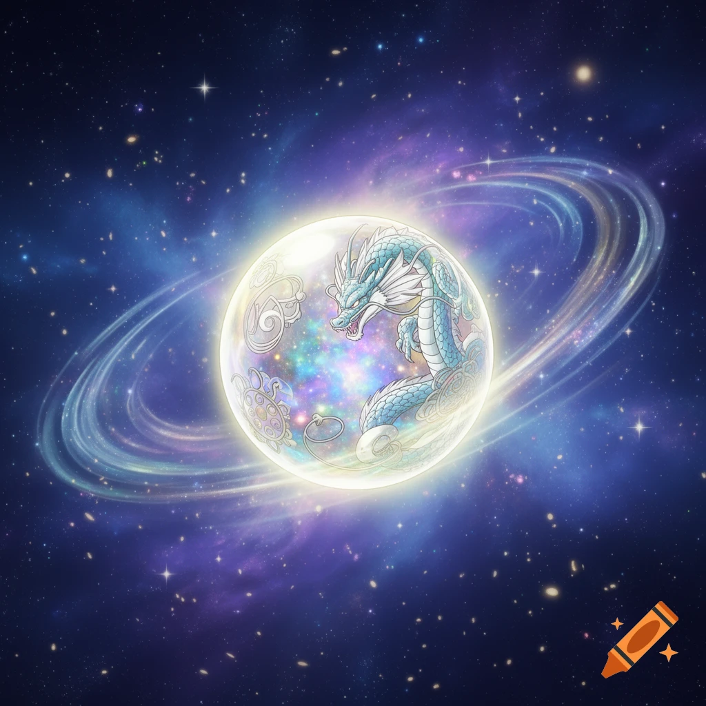 A stylized blue dragon coiled within a glowing celestial orb, surrounded by rings and set against a vibrant starry galaxy.