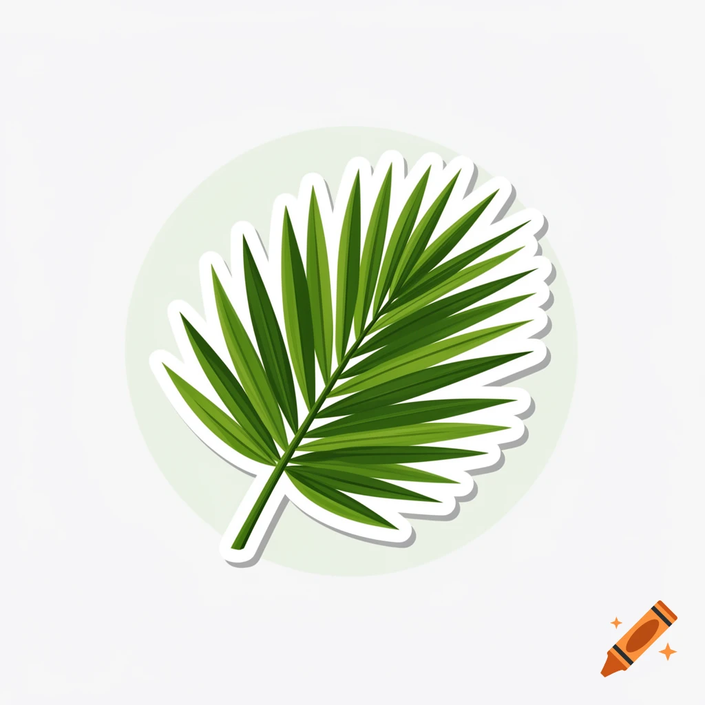 A vibrant green palm leaf sticker with a white border and subtle shadow, set against a light green circular background.