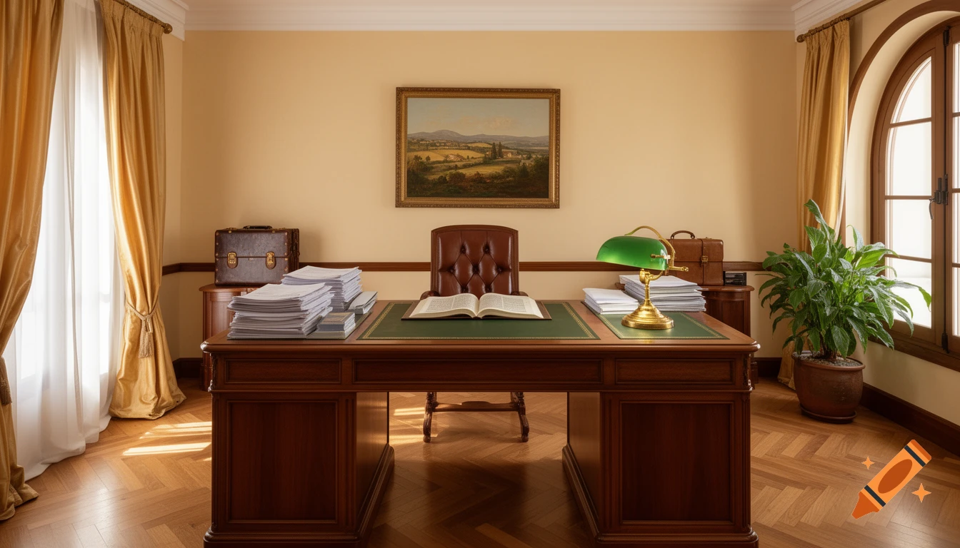 An elegant, traditional office with a large wooden desk, a leather tufted chair, an open book, and a green banker's lamp.