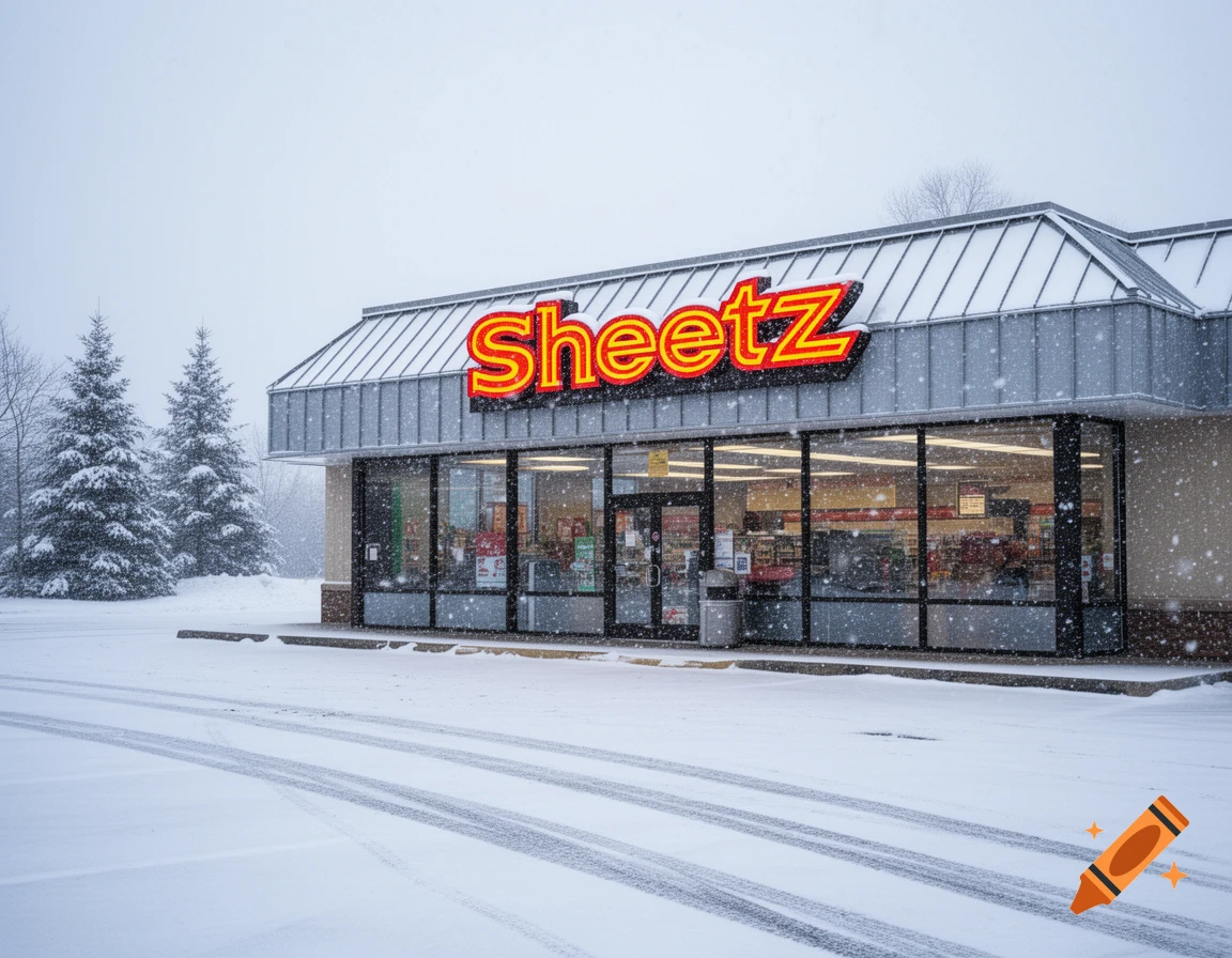 A SheetZ convenience store with a glowing red sign, surrounded by a snowy landscape with evergreen trees and tire tracks in the foreground.