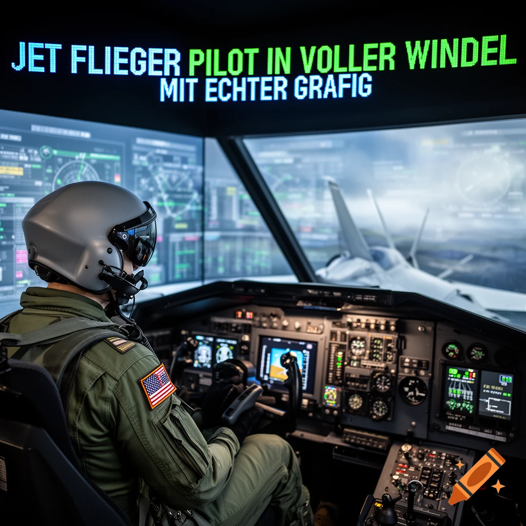 A pilot in a flight helmet and green suit sits in a detailed jet cockpit, viewed from behind. Text is displayed on screens above, with another jet visible outside.