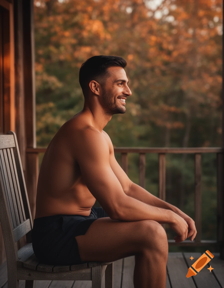 Smiling shirtless man sitting on a wooden chair on a veranda, looking right, with autumn trees in the background.