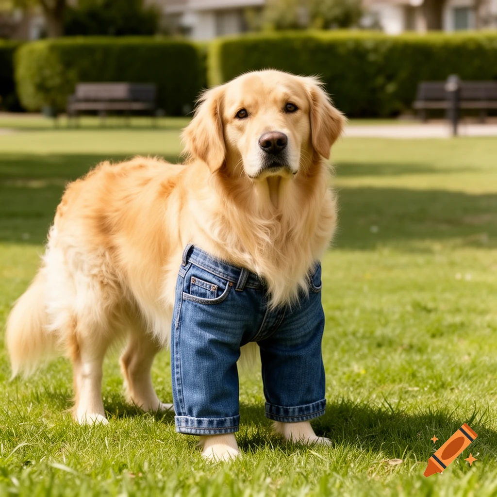 A photorealistic Golden Retriever wearing blue jeans stands in a grassy park, looking at the camera.