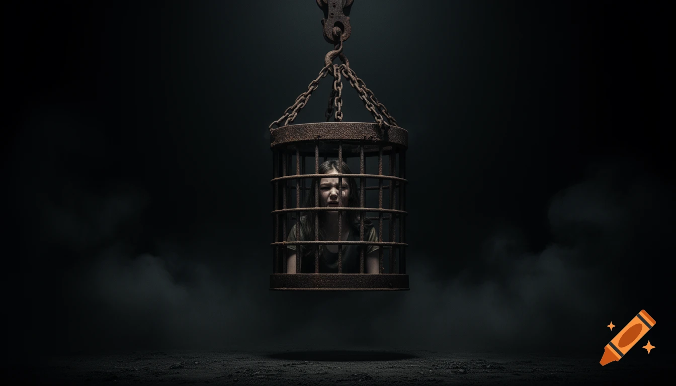 A crying girl trapped inside a rusty iron cage hanging in a dark, smoky, industrial setting.