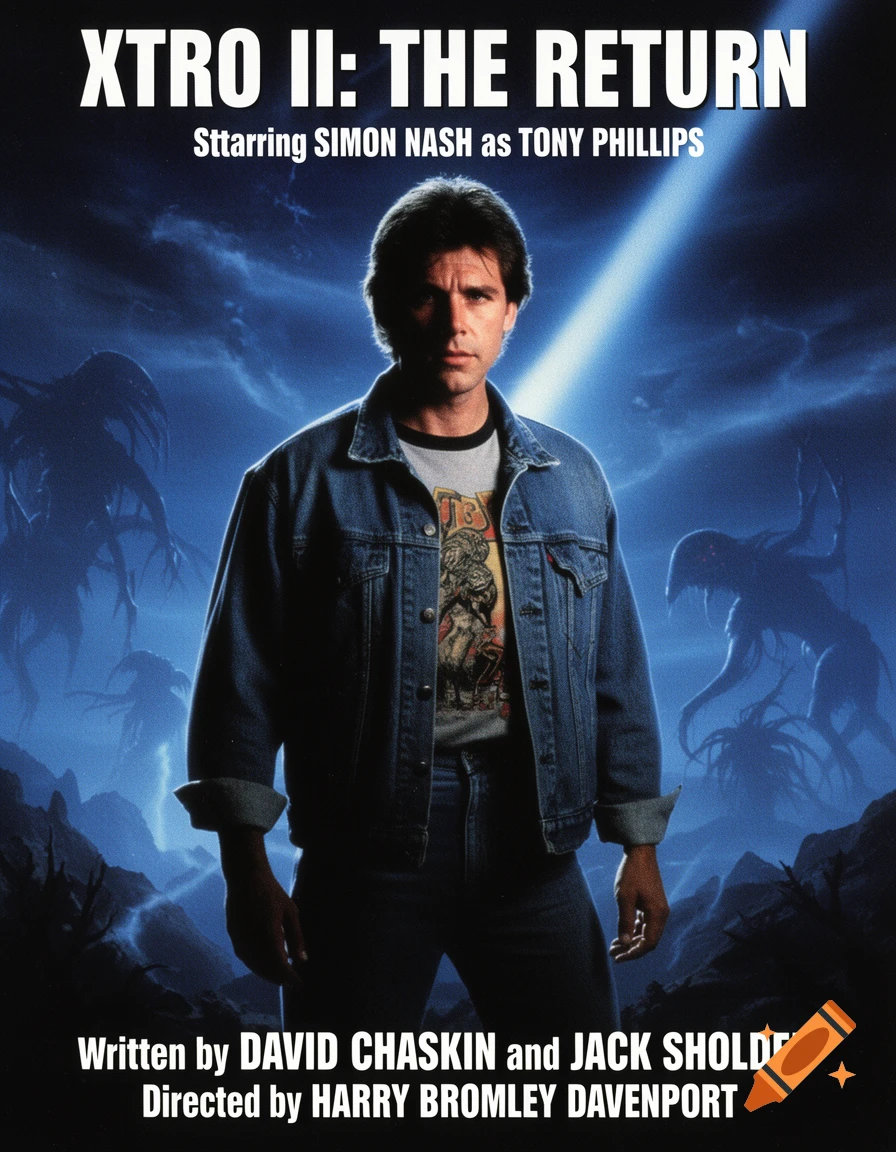 A movie poster for "Xtro II: The Return" features a man in a denim jacket standing against a stormy blue sky with dark, monstrous figures in the background.