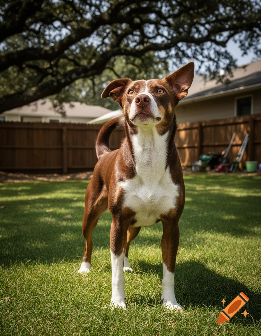 A brown and white dog stands on green grass in a sunny backyard, looking up.