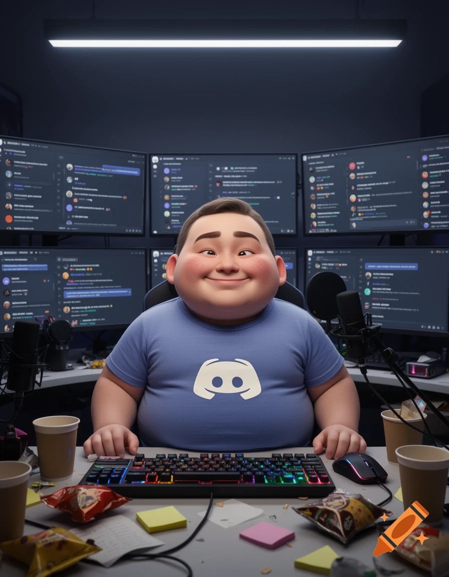 A cartoonish, chubby man with a wide smile sits at a computer desk wearing a blue Discord t-shirt, surrounded by multiple monitors displaying chat interfaces, a gaming keyboard, snacks, and coffee cups. Stylized digital art.