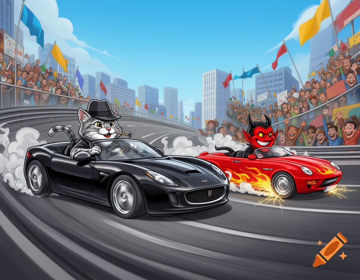 A cartoon illustration of a gangster cat in a black convertible racing a devil in a red flaming convertible on a track, with a cheering crowd and city buildings in the background.