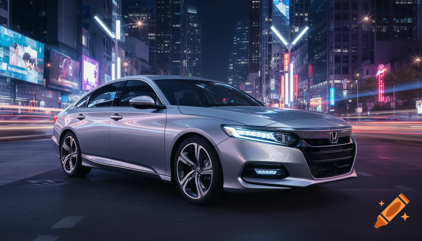 Silver Honda Accord sedan parked on a city street at night, with bright neon lights and light trails.