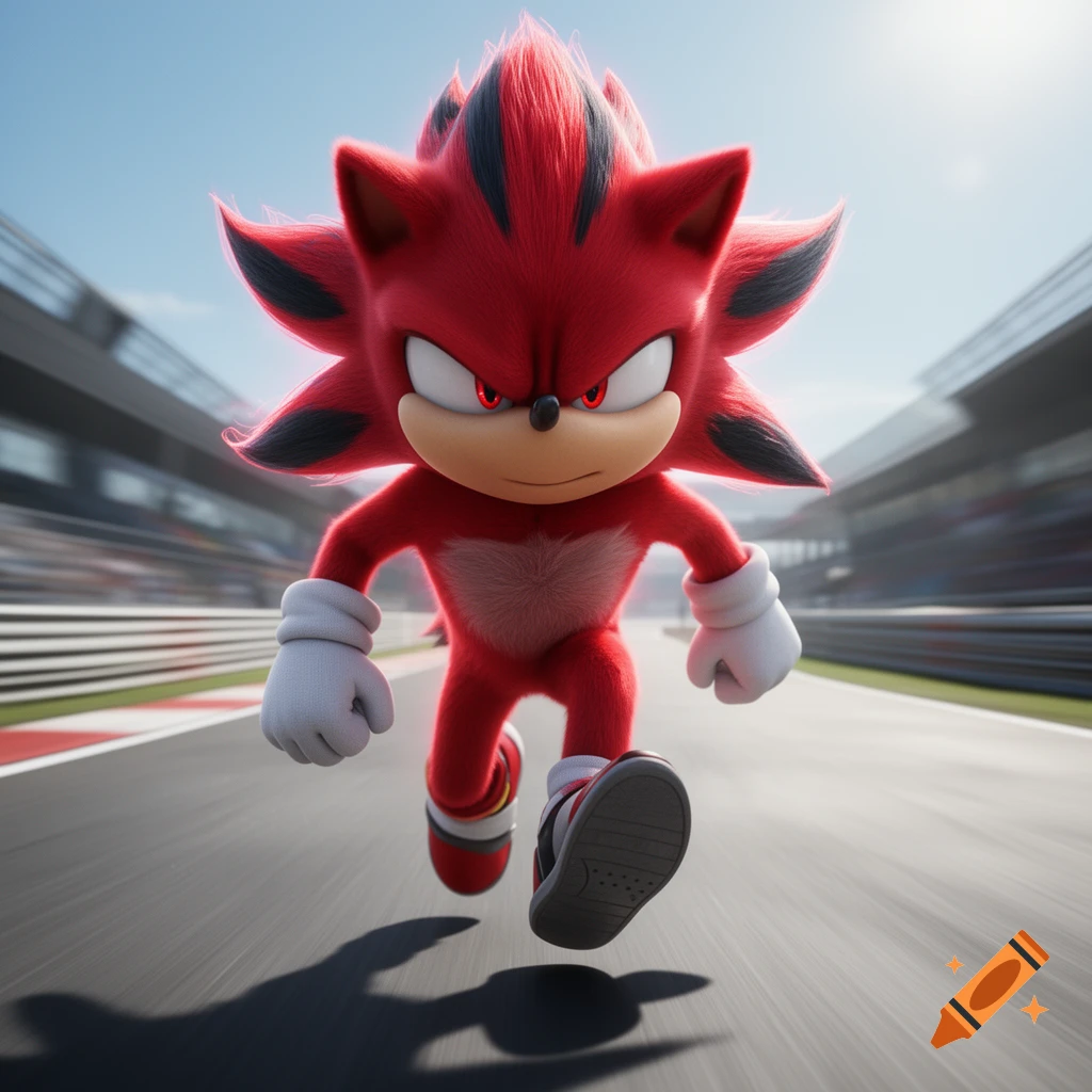 A red, spiky Sonic-like character with glowing red eyes runs on a race track under a bright sky, in a 3D animated style.