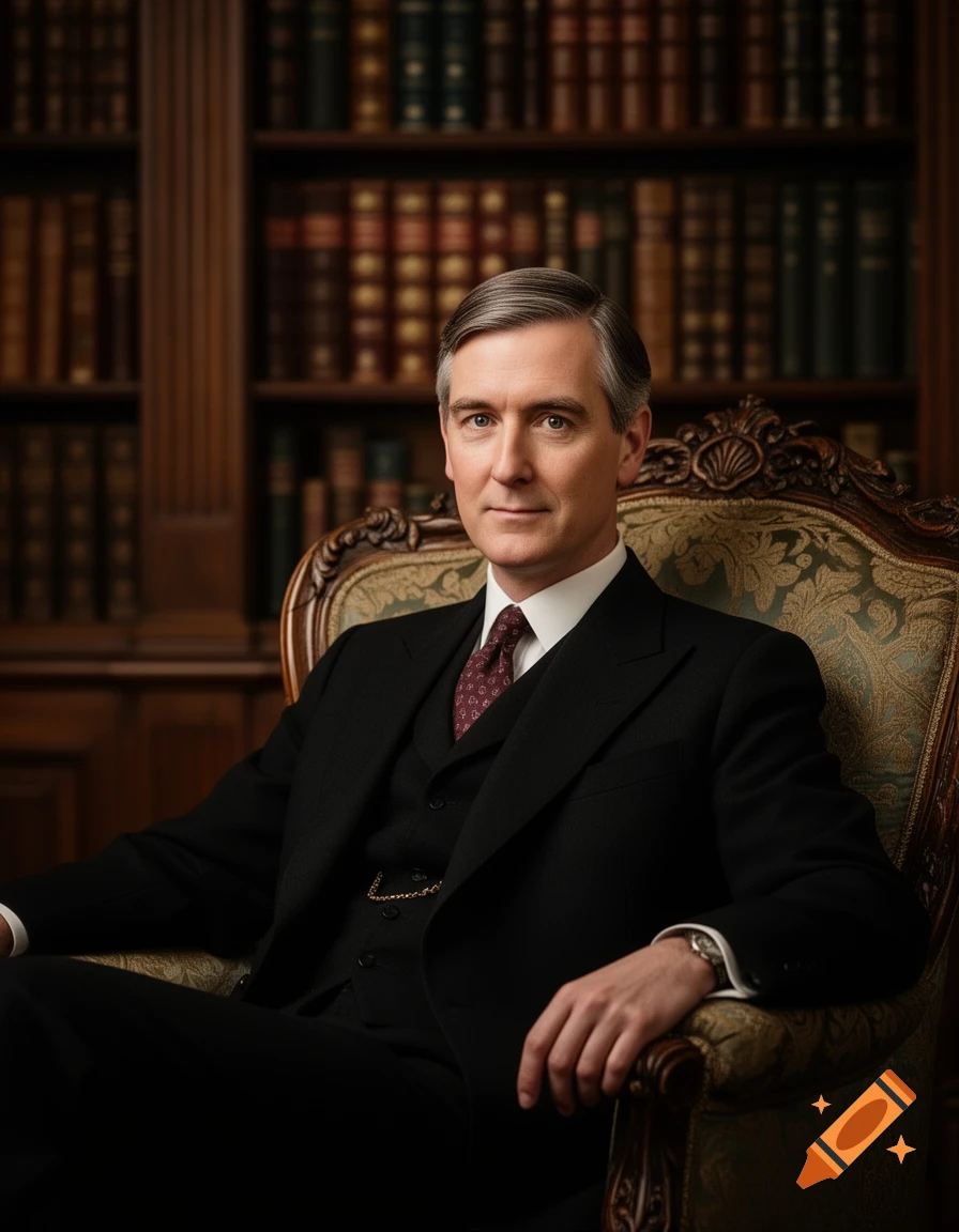 A distinguished man in a dark suit and tie sits in an ornate chair in a wood-paneled library with bookshelves.