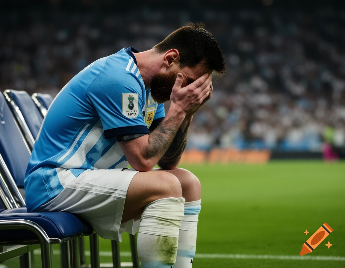 Photorealistic image of a distressed soccer player, Lionel Messi, with a beard, sitting on a bench in a stadium, hands covering his face, wearing a light blue and white jersey with a knee bandage.