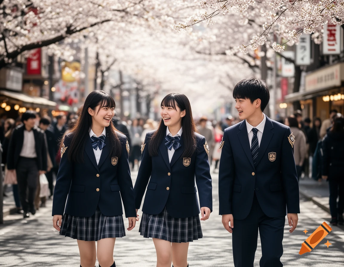 Three smiling Japanese high school students walk under cherry blossom trees on a bustling city street.