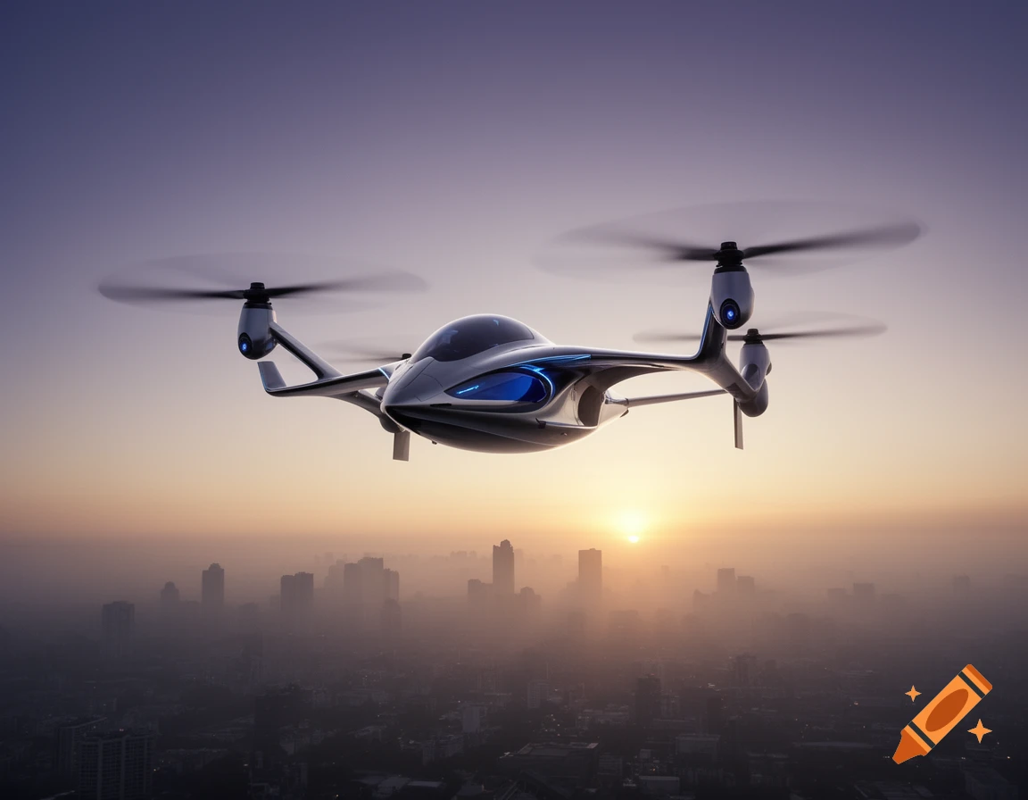 A sleek, futuristic VTOL aircraft with blue accents flies over a hazy cityscape during sunset, photorealistic style.