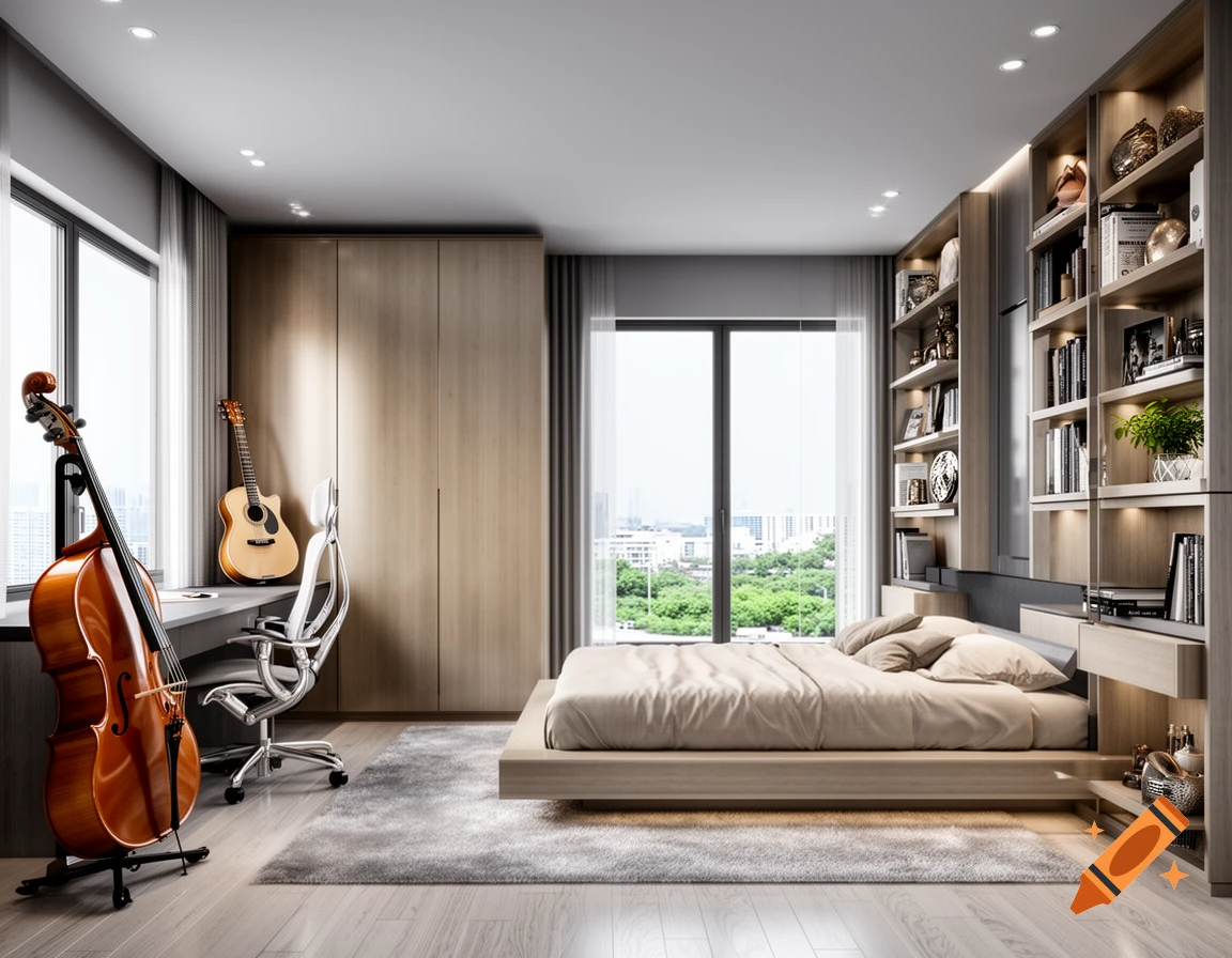 A modern bedroom with a bed, desk, chair, cello, guitar, large windows, and a built-in bookshelf.